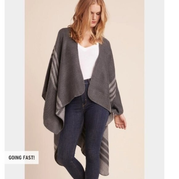 BB DAKOTA Steve Madden Reversible Charcoal Gray Poncho Cardigan OSFA Stripes - Picture 1 of 4